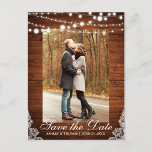 Carte Postale Faire-part Lumières en dentelle Mariage rustique Enregistrer