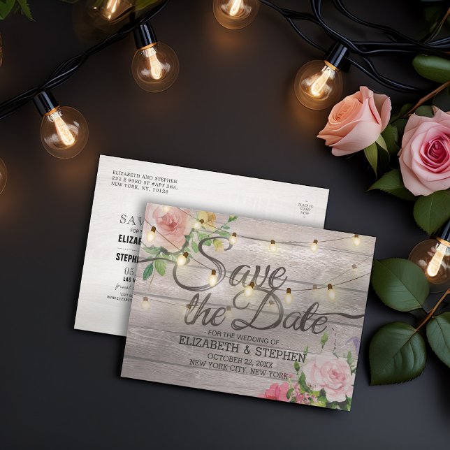 Carte Postale Faire-part Lumières florales en bois rustiques de ficelle (Créateur téléchargé)