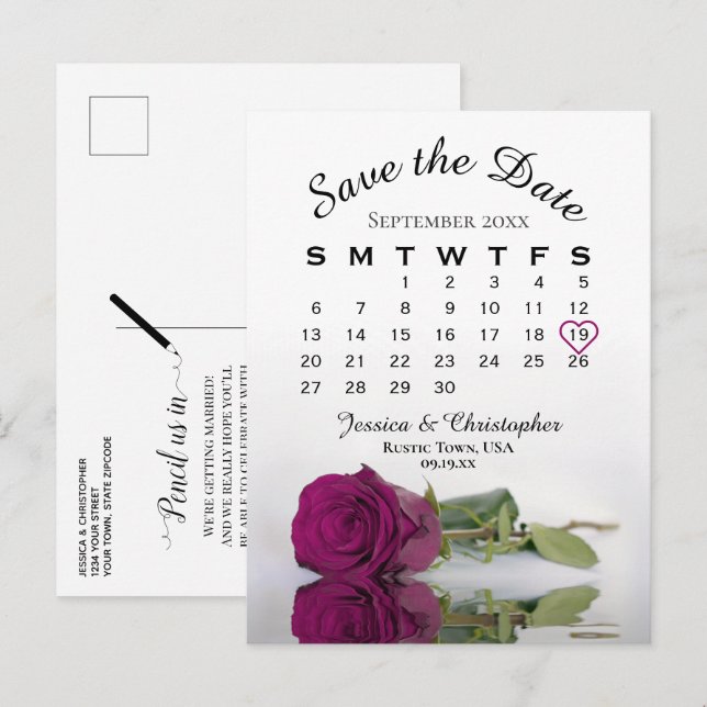 Carte Postale Faire-part Magenta Plum Rose Calendrier du Mariage Enregistre (Devant / Derrière)