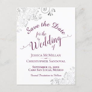 Carte Postale Faire-part Magenta sur la dentelle blanche Mariage en argent 