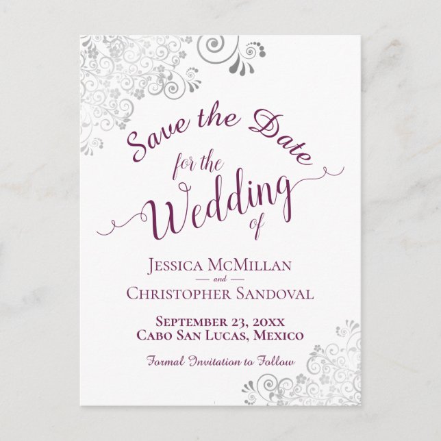 Carte Postale Faire-part Magenta sur la dentelle blanche Mariage en argent  (Devant)