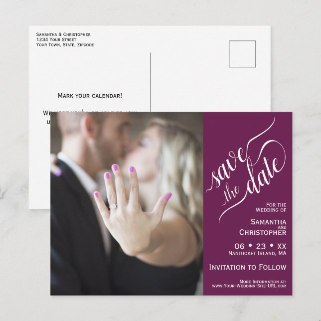 Carte Postale Faire-part Magenta Wedding Enregistrer la Date Photo & Callig (Devant / Derrière)