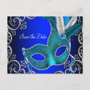 Carte Postale Faire-part Magnifique Masquerade Bleu Royal Save The Date
