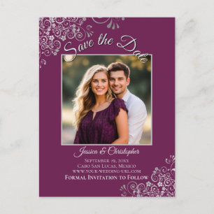 Carte Postale Faire-part Magnolia Plum & Mariage Argenté Enregistrez la Dat
