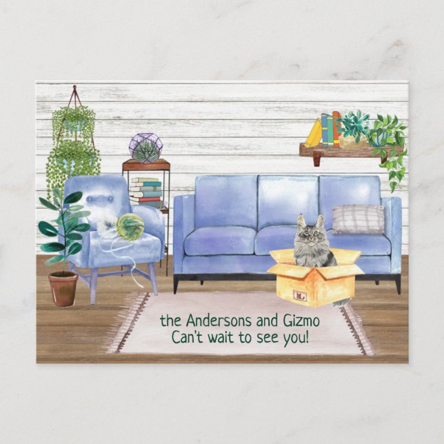 Carte Postale Faire-part Main Coon Chat Cosy Nouvelle Adresse    (Devant)