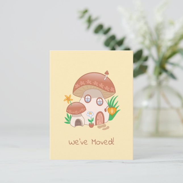 Carte Postale Faire-part Maison Champignon Fée Fantaisiste Nous avons Démén (Debout devant)