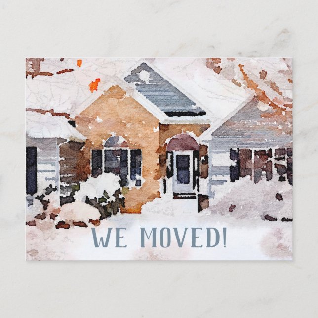 Carte Postale Faire-part Maison d'hiver à l'aquarelle, Nous avons déménagé (Devant)