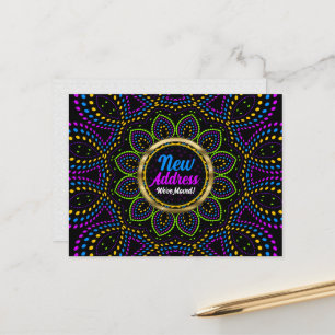 Carte Postale Faire-part Mandala d'énergie néon Nous avons déménagé Nouvell