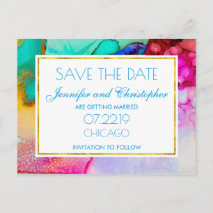 Carte Postale Faire-part Marbre Rose et Turquoise Abstrait Aquarelle