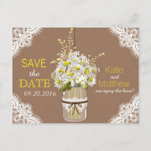 Carte Postale Faire-part Marguerites rustiques et dentelle Save the Date