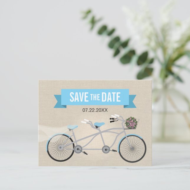 Carte Postale Faire-part Mariage à bicyclette en tandem Enregistrer la date (Debout devant)