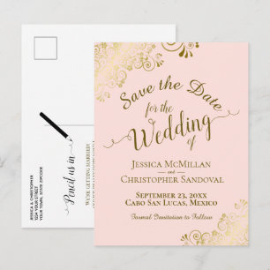 Carte Postale Faire-part Mariage à calligraphie dorée Save the Date Rose Pâ