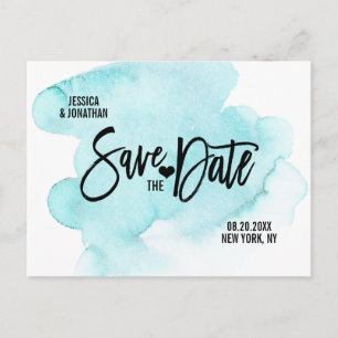 Carte Postale Faire-part Mariage Aquarelle Bleue Moderne ENREGISTRER LA DAT