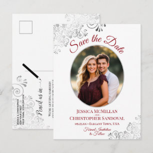 Carte Postale Faire-part Mariage Argent Broderie Rouge Blanc Enregistrer la