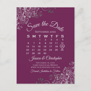 Carte Postale Faire-part Mariage Argent et Cassis Enregistrer le calendrier