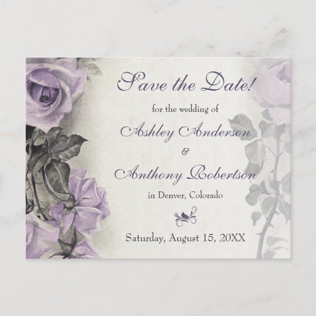 Carte Postale Faire-part Mariage Argent Sterling Rose Pourpre Épargnez la D (Devant)