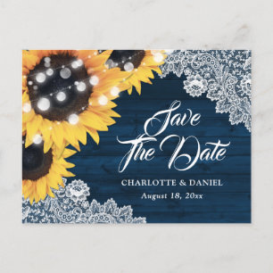 Carte Postale Faire-part Mariage au tournesol en bois bleu marine rustique