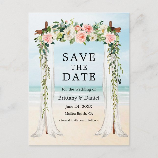 Carte Postale Faire-part Mariage Beach Canopy Aquarelle rose Blanc Floral (Devant)