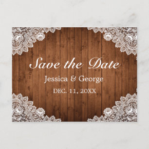 Carte Postale Faire-part Mariage Bois Rustique & Dentelle Blanche