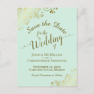 Carte Postale Faire-part Mariage Calligraphie Dorée Économisez la Date Vert