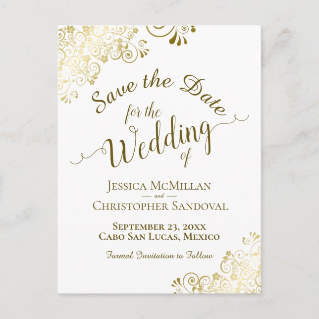 Carte Postale Faire-part Mariage Calligraphie Dorée Enregistrez la Date Bla (Devant)