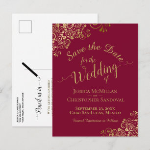 Carte Postale Faire-part Mariage calligraphié or Enregistrer la date Marron