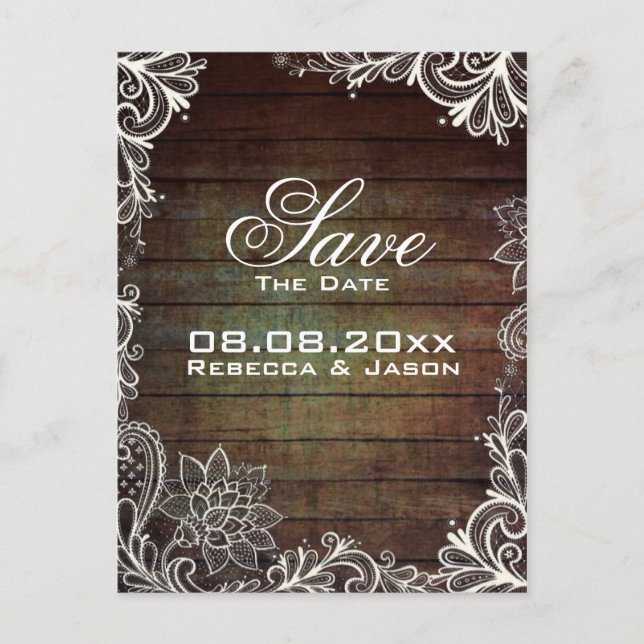 Carte Postale Faire-part mariage campagnard en dentelle de bois de barnwood (Devant)