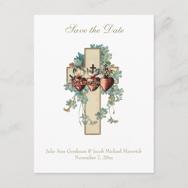Carte Postale Faire-part Mariage Catholique Trois Cœurs Floral (Devant)