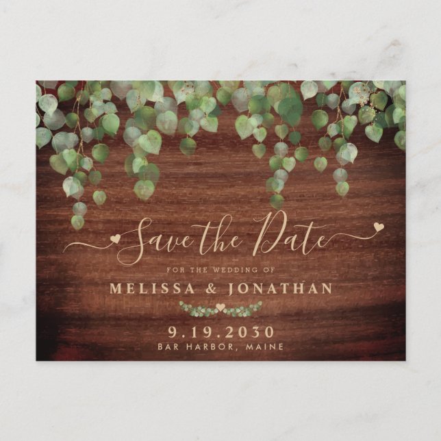 Carte Postale Faire-part Mariage champêtre avec feuillage en bois rustique, (Devant)
