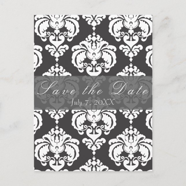 Carte Postale Faire-part Mariage chic gris et blanc damassé, Enregistrez la (Devant)
