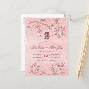 Carte Postale Faire-part Mariage chinois à deux fleurs de pêche