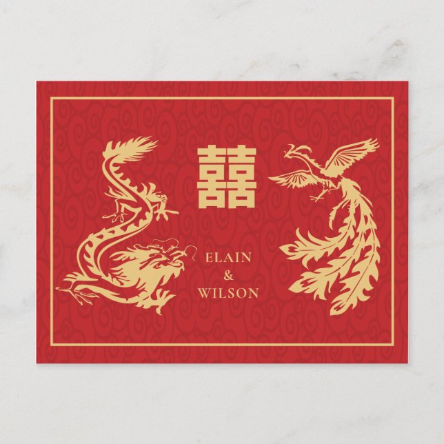 Carte Postale Faire-part Mariage Chinois Dragon-Phénix Double Xi Rouge Or (Devant)