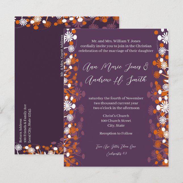 Carte Postale Faire-part Mariage Chrétien Fleurs de Terracotta Violettes  (Devant / Derrière)