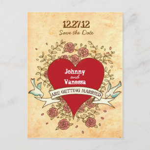Carte Postale Faire-part Mariage Cœur Bohème, Roses, Oiseaux et Bannière