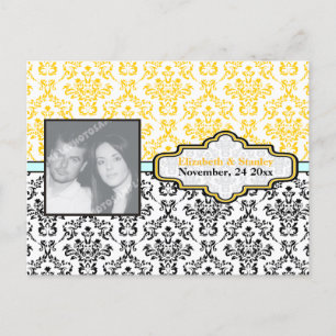 Carte Postale Faire-part Mariage damas noir jaune aqua Enregistrer la Date