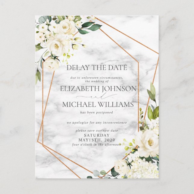Carte Postale Faire-part Mariage Date report White Floral Géométrique (Devant)