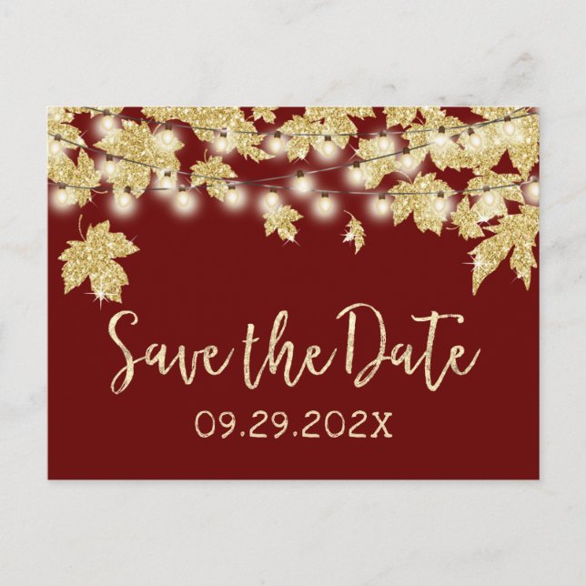 Carte Postale Faire-part Mariage d'automne en or Feuilles Bourgogne Enregis (Devant)