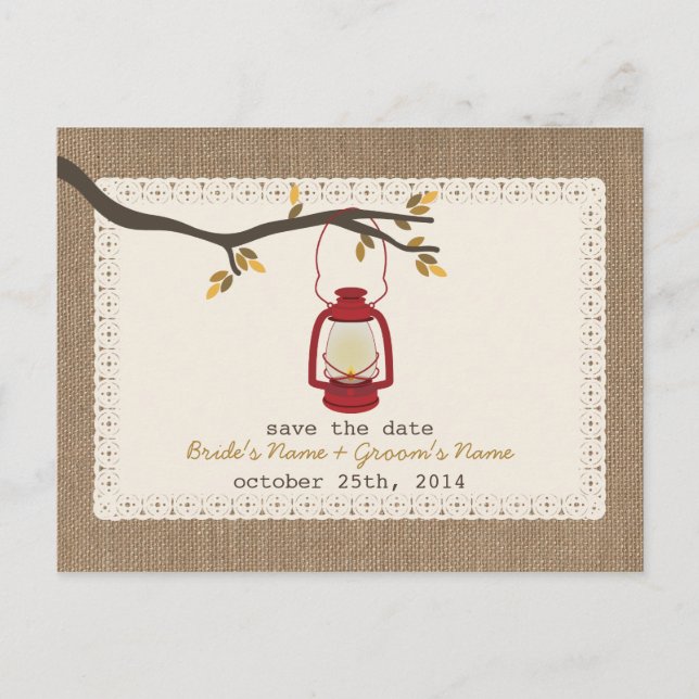Carte Postale Faire-part Mariage de automne Lanterne Inspiré Burlap Enregis (Devant)
