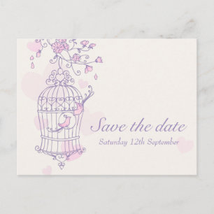 Carte Postale Faire-part Mariage de cage d'oiseau rose violet enregistrer l