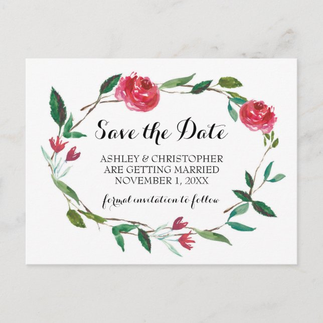 Carte Postale Faire-part Mariage de couronne Enregistrer la date - roses bo (Devant)