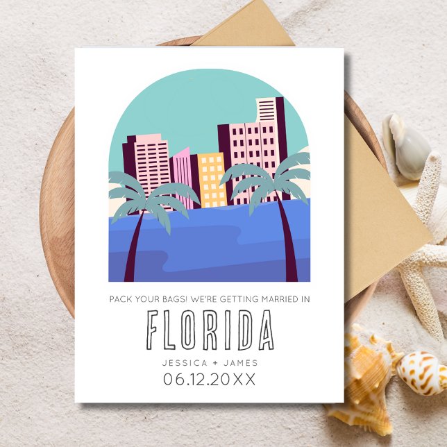 Carte Postale Faire-part Mariage de Destination Tropical Floride Économisez (Florida Destination Beach Wedding Save the Date Postcard)