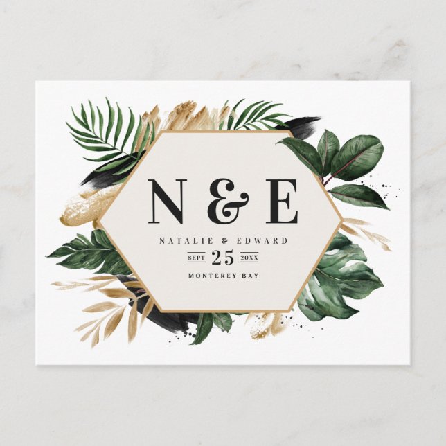 Carte Postale Faire-part mariage de feuillage tropical enregistrer la date (Devant)
