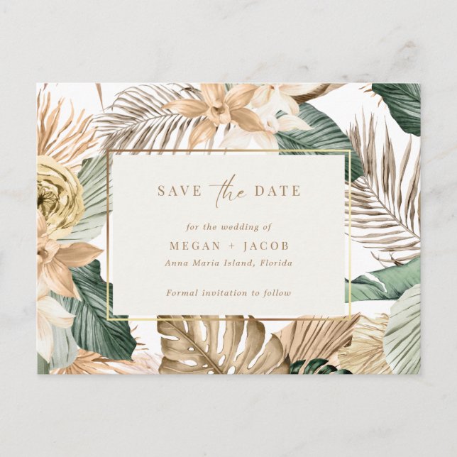 Carte Postale Faire-part Mariage de la feuille tropicale de plage Sauvegard (Devant)