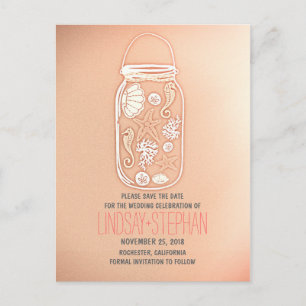 Carte Postale Faire-part mariage de la plage de bocal de mason rose, sauf l