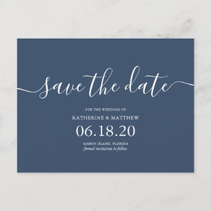 Carte Postale Faire-part Mariage de script moderne bleu sauvez la date