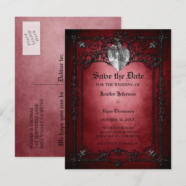 Carte Postale Faire-part Mariage d'halloween gothique enregistrer la date c (Devant / Derrière)
