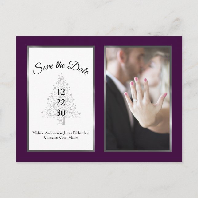 Carte Postale Faire-part Mariage d'hiver argent et violet, Enregistrez la d (Devant)