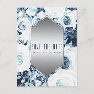 Carte Postale Faire-part Mariage d'Hiver Bleu Blanc Argent Enregistrez la D