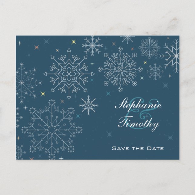 Carte Postale Faire-part Mariage d'hiver flocons de neige bleu marine, save (Devant)