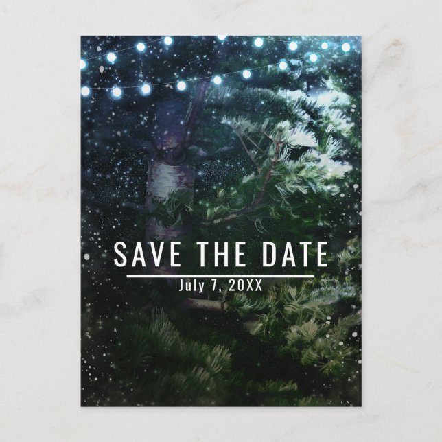 Carte Postale Faire-part Mariage d'hiver sous les pins et les lumières Enre (Devant)